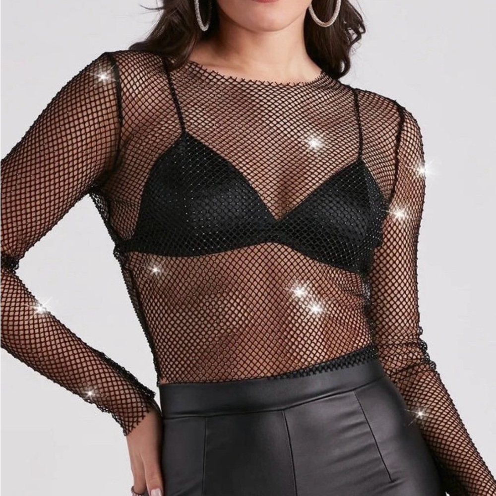 WINDSOR NWT Black Edgy Glam Girl Rhinestone Fishnet Top - XS
